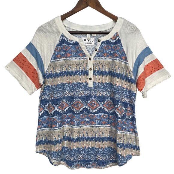 Cato Shirt Top Women Size L Blue Printed Stretch Popover Short Sleeve STAINS - Picture 1 of 14